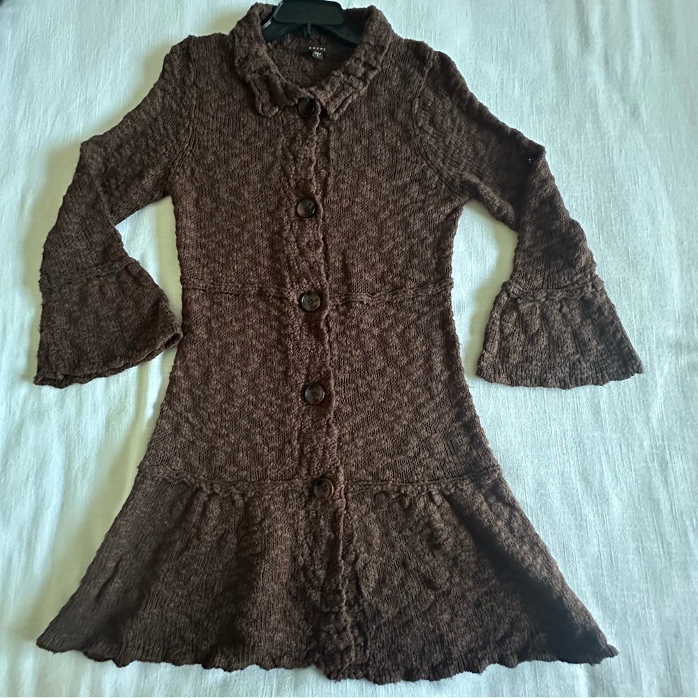 Fever Sweater Womens L Brown Long Button Up Chunky Knit Flare Sleeve Boho Fall